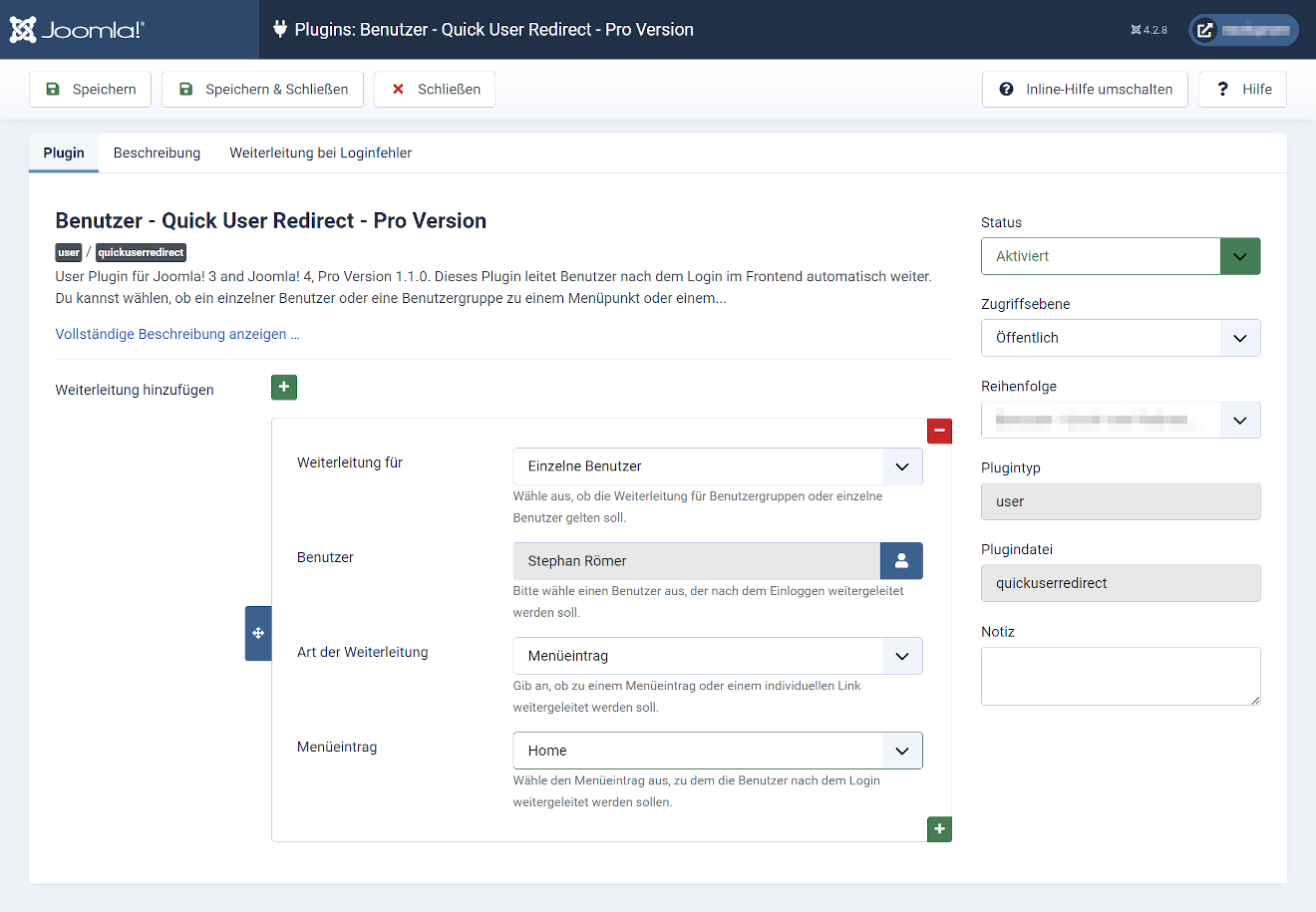 Quick User Redirect Pro - Einstellungen