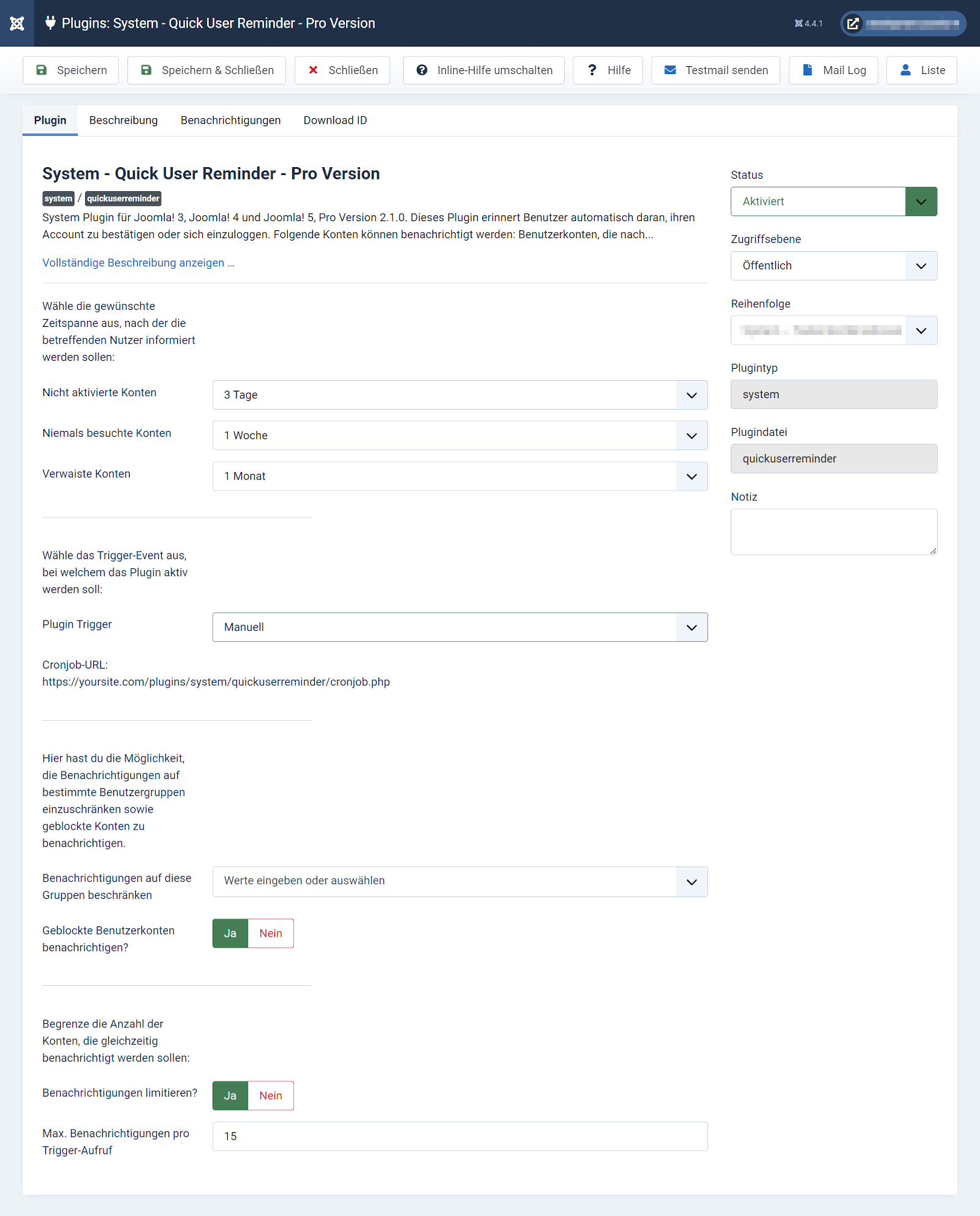 Quick User Reminder Pro - Plugin Einstellungen - Version 2.1.0