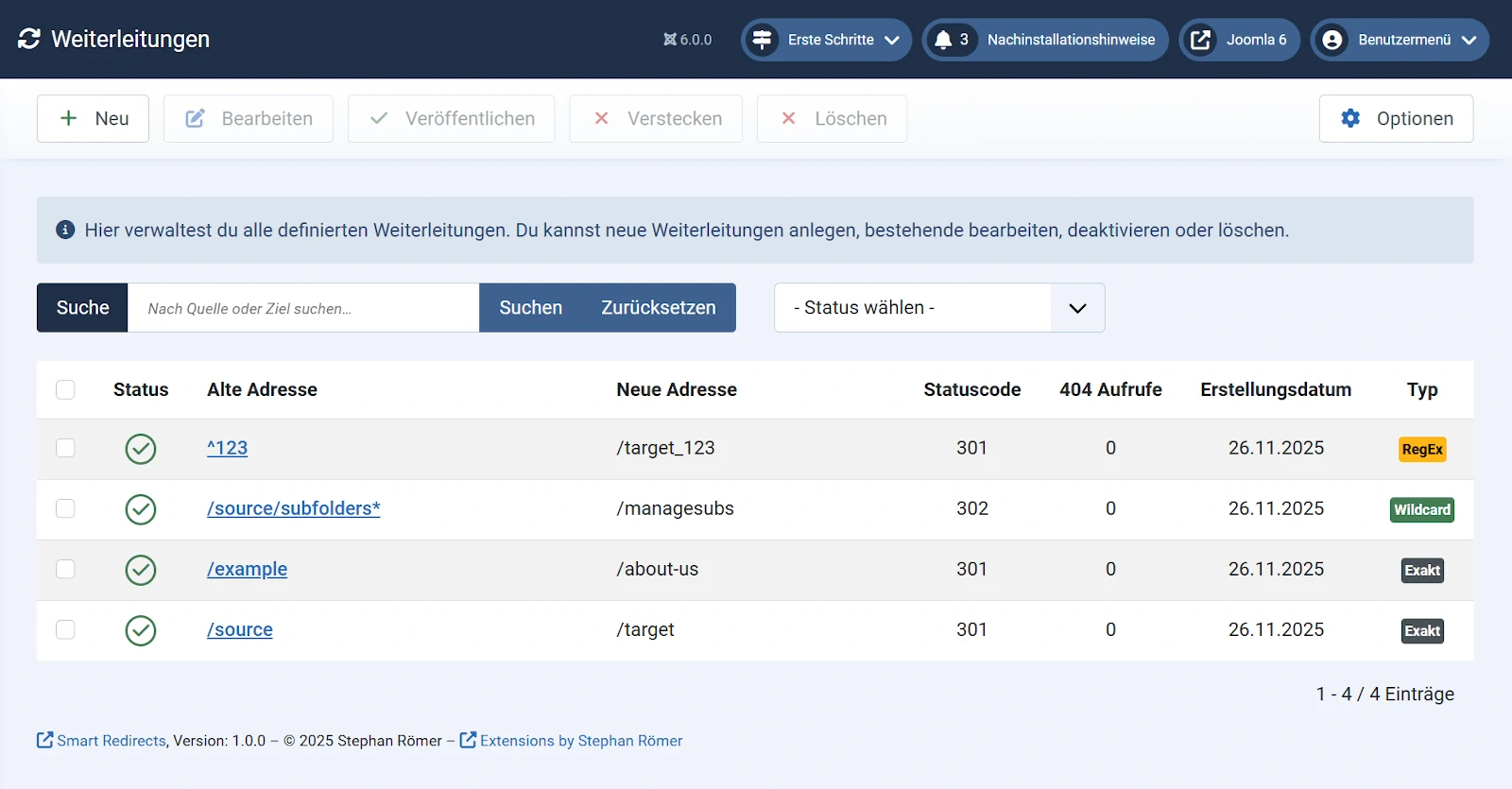 Übersicht aller Weiterleitungen