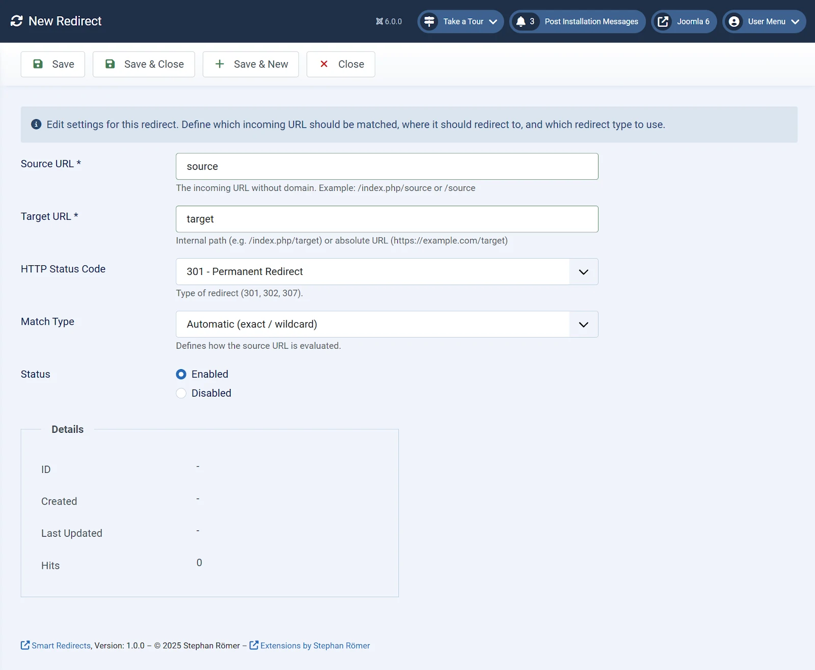 Create or edit redirect