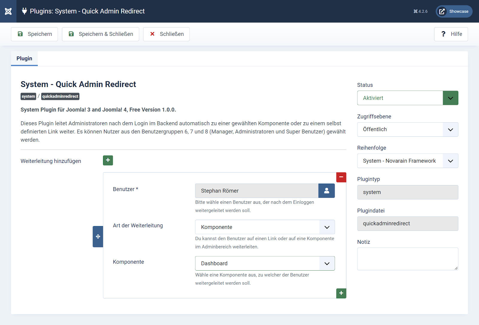 Quick Admin Redirect settings in Joomla