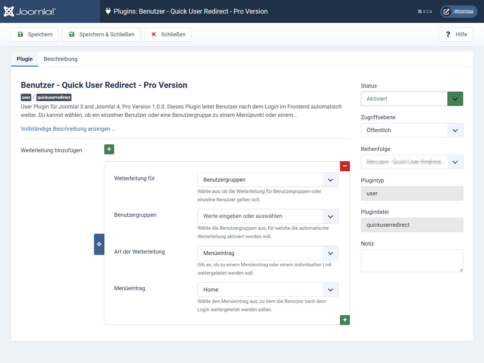 Weiterleitungen im Plugin Quick User Redirect konfigurieren