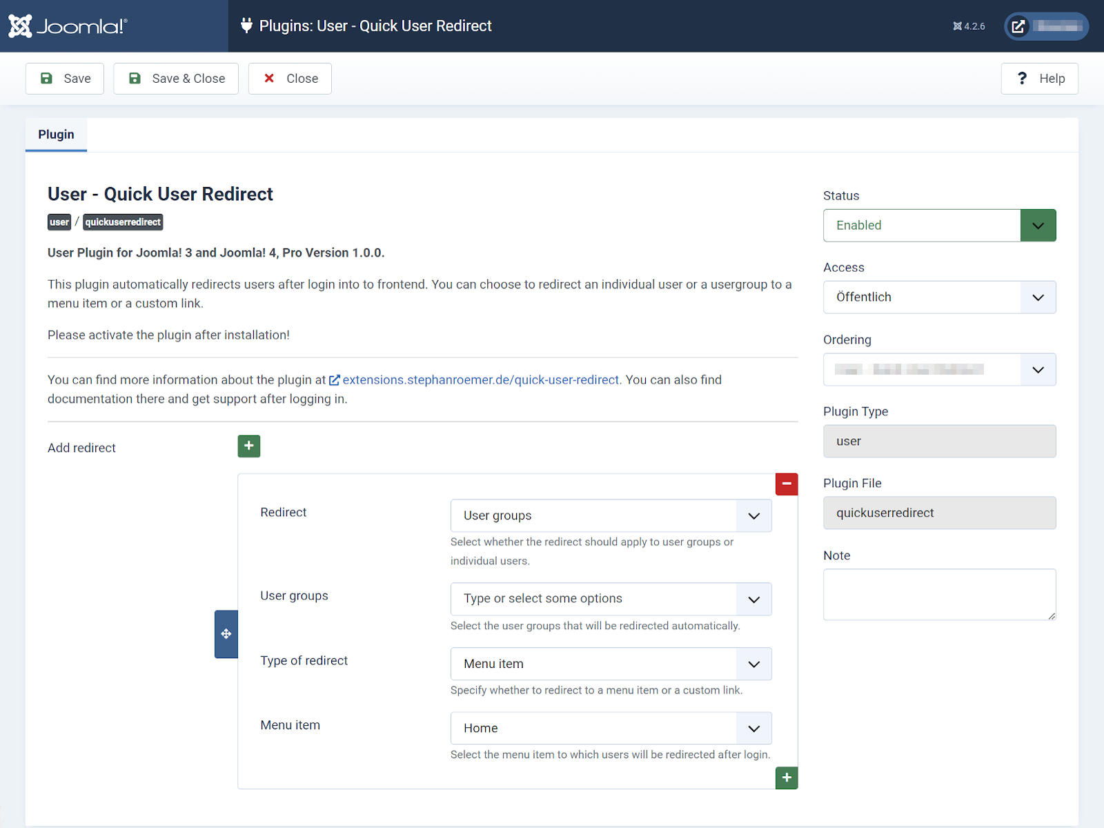 Configure redirects in the Quick User Redirect plugin