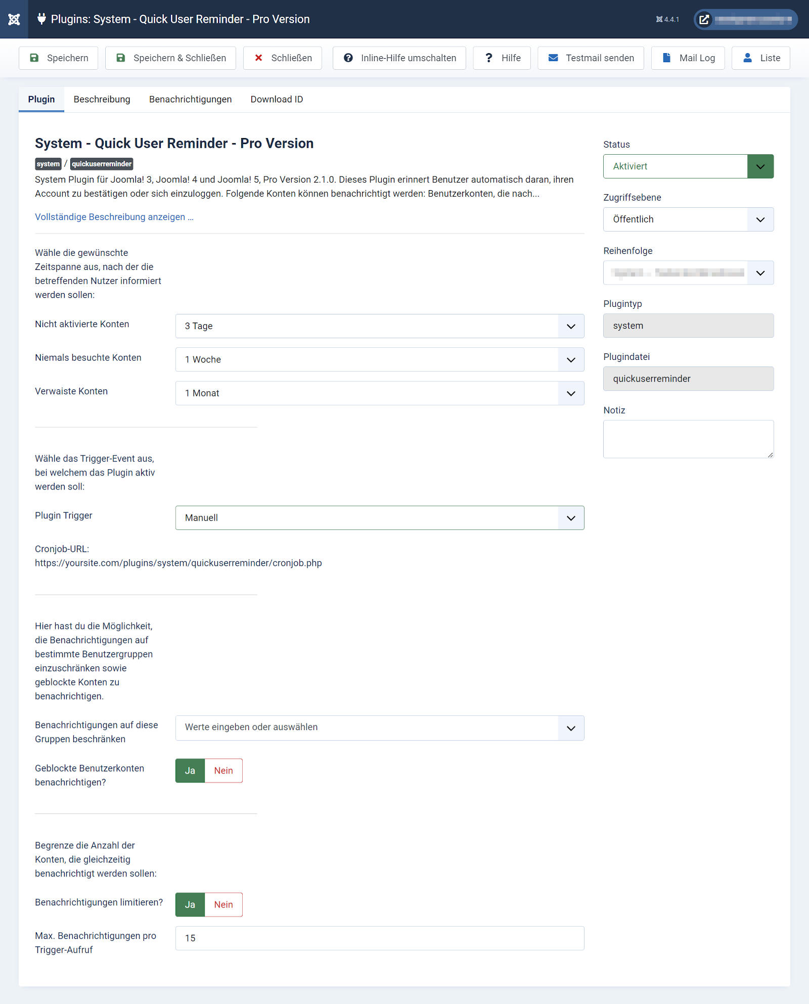 Einstellungen von Quick User Reminder in Joomla