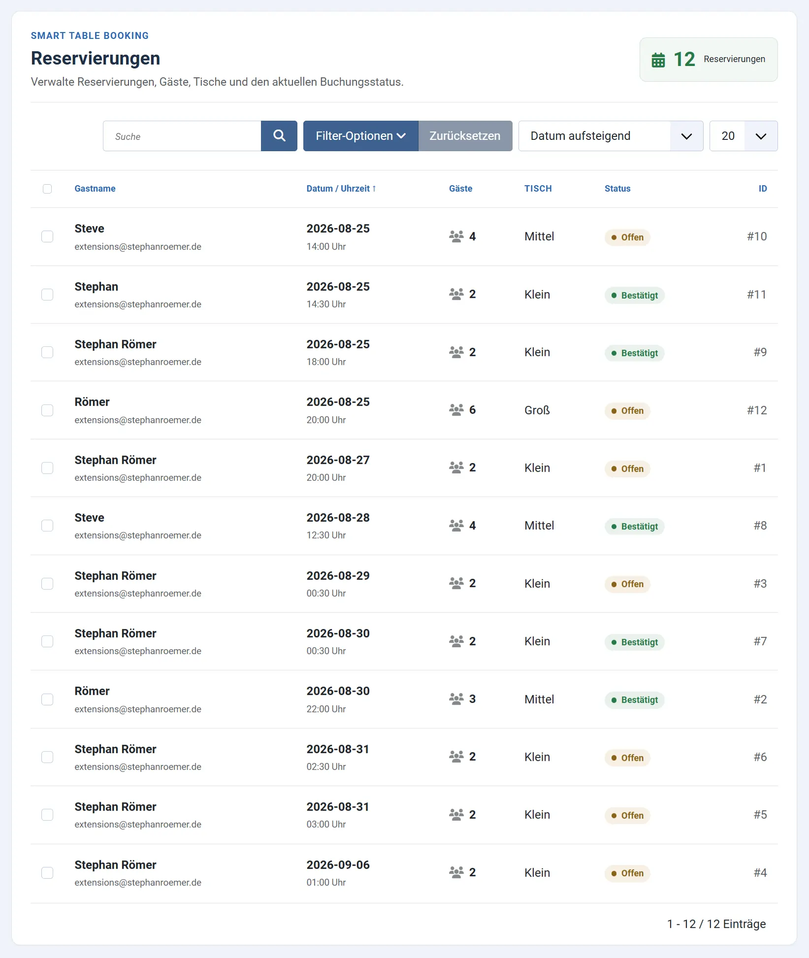 Reservierungsübersicht von Smart Table Booking im Joomla Backend