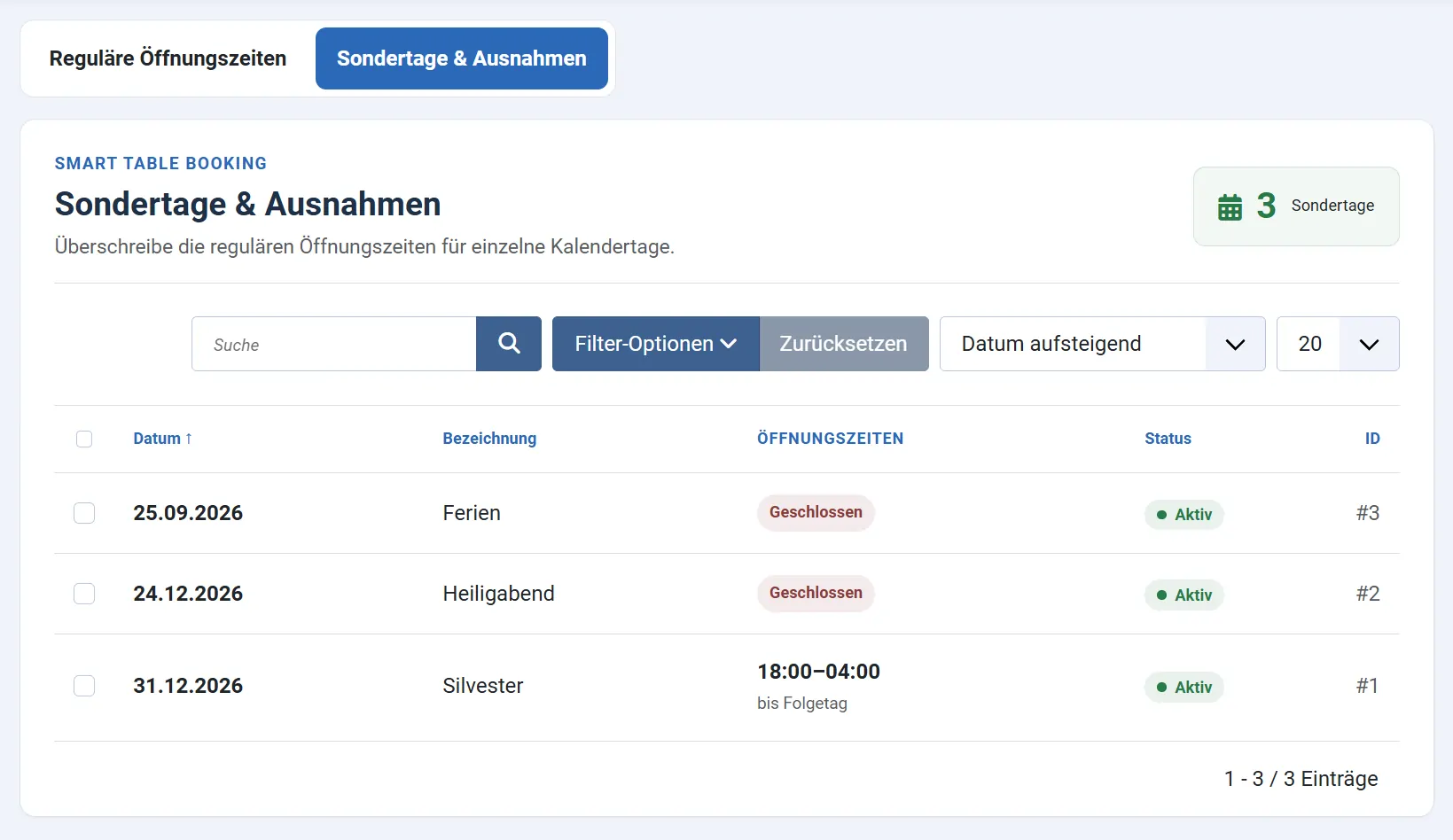 Sondertage und abweichende Öffnungszeiten in Smart Table Booking