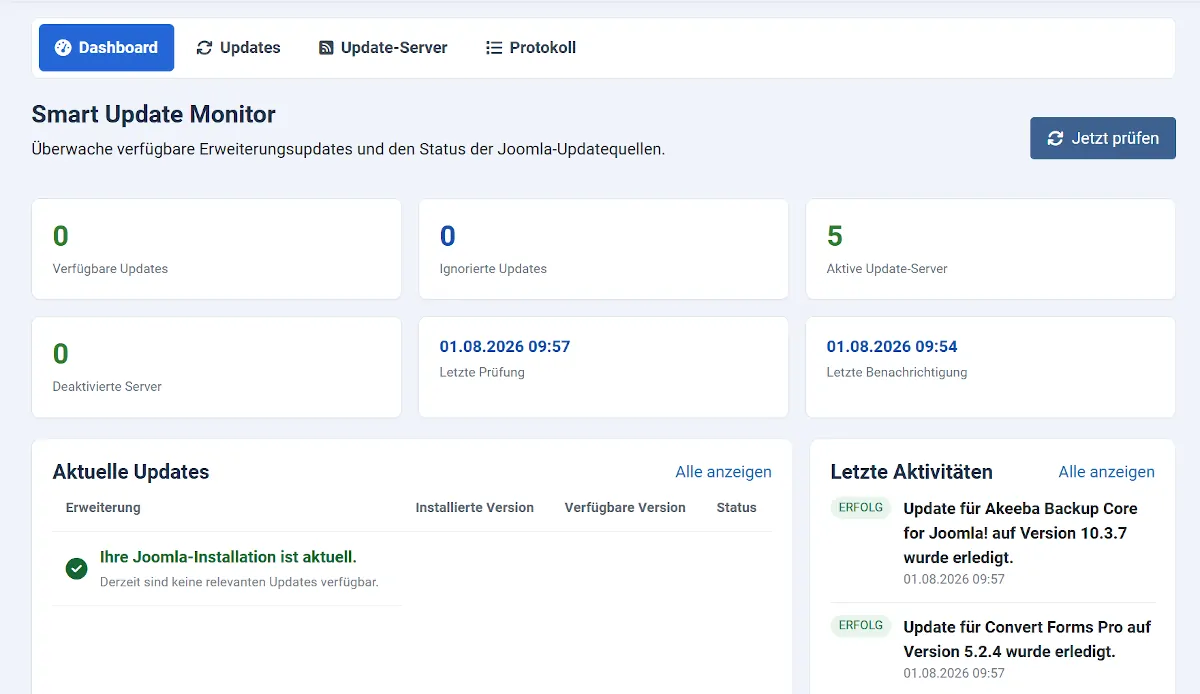 Dashboard mit verfügbaren Updates, Update-Servern und Aktivitäten