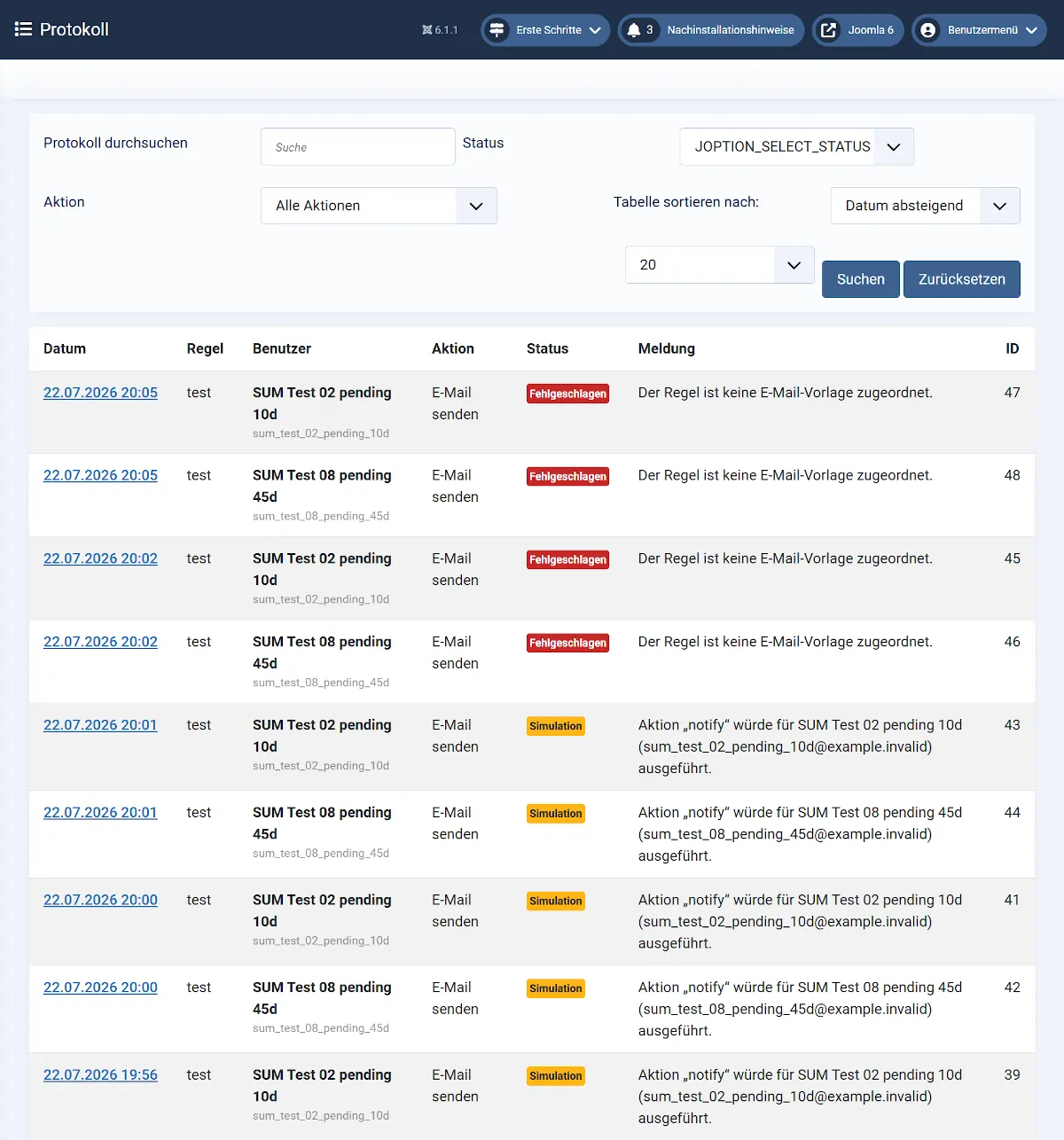 Log entries in Smart User Manager