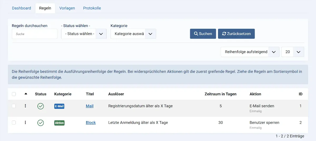 Übersicht der angelegten Regeln in Smart User Manager