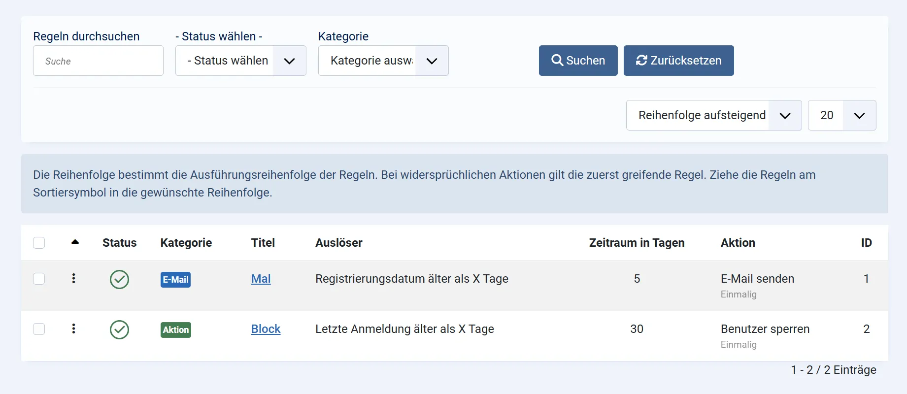 Regelübersicht im Smart User Manager