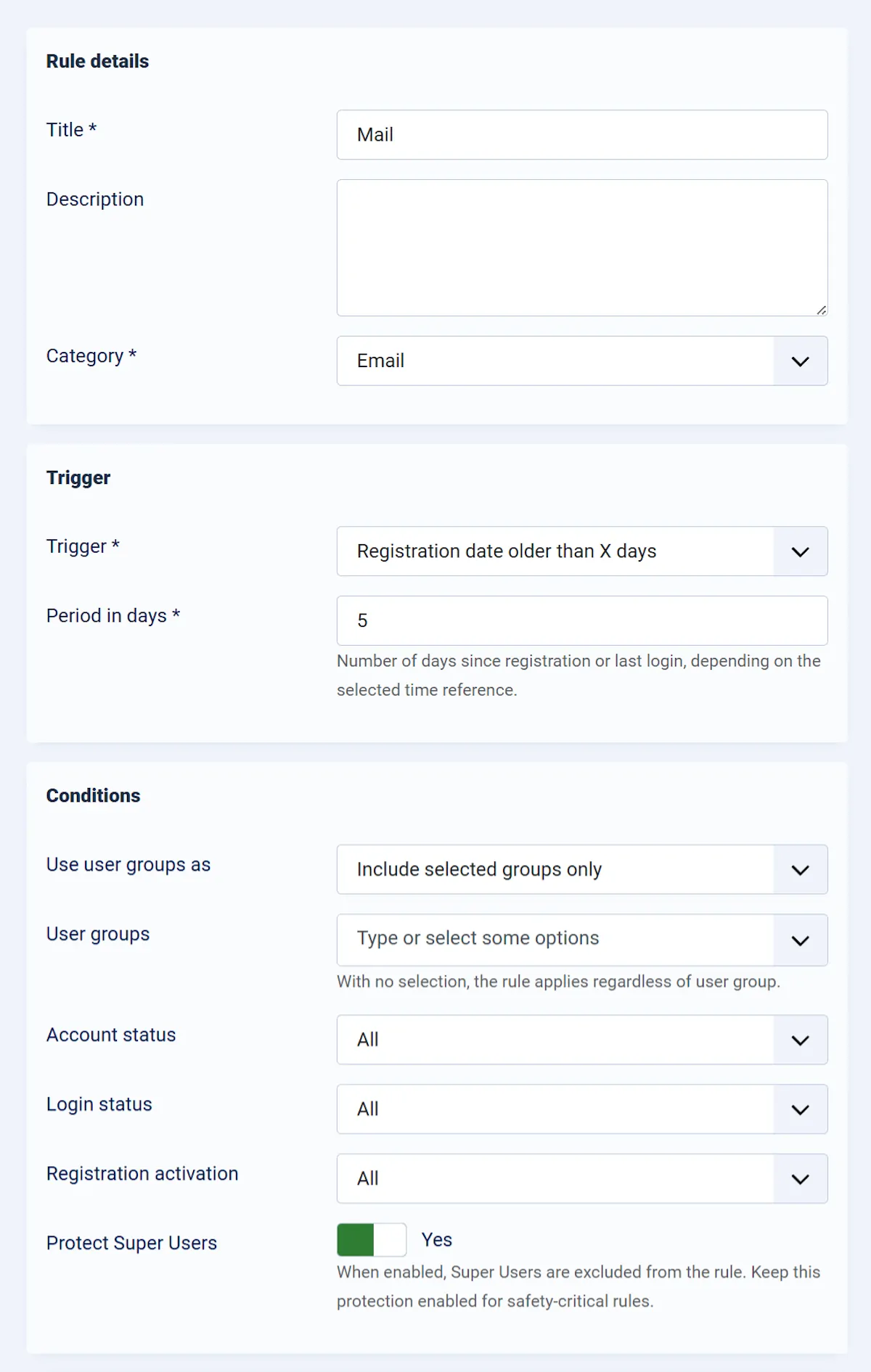 Editing a rule with conditions in Smart User Manager