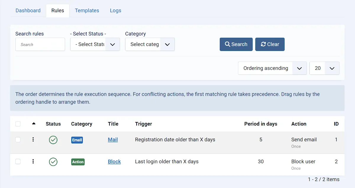 Rule overview in Smart User Manager