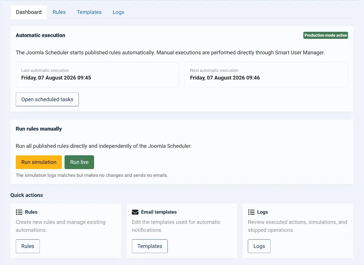Smart User Manager dashboard for Joomla